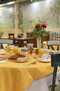 Détail du jardin d'hiver, salle de restaurant du château hôtel de La Rozelle avec une table dressée